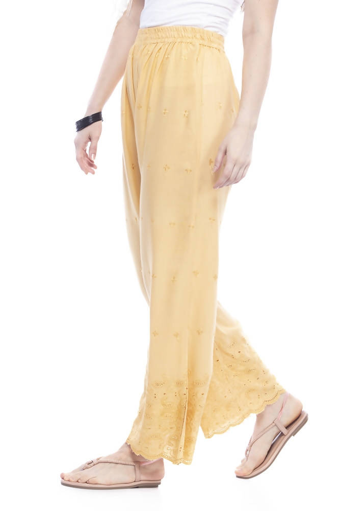 Mominos Fashion Reyon Cotton Dark Golden Embroidery Chikan Palazzo - Distacart