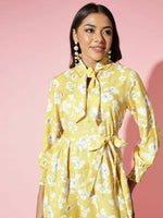 Thumbnail for Myshka Women Yellow Floral Rayon A-Line Shirt Collar Dress - Distacart