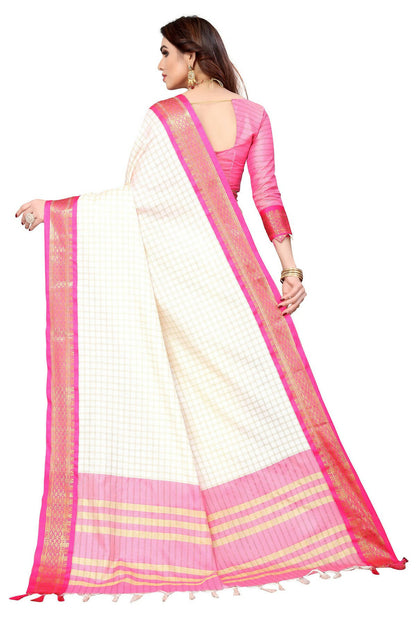 Vamika Weaving White Cotton Silk Saree (DEVAL PINK) - Distacart