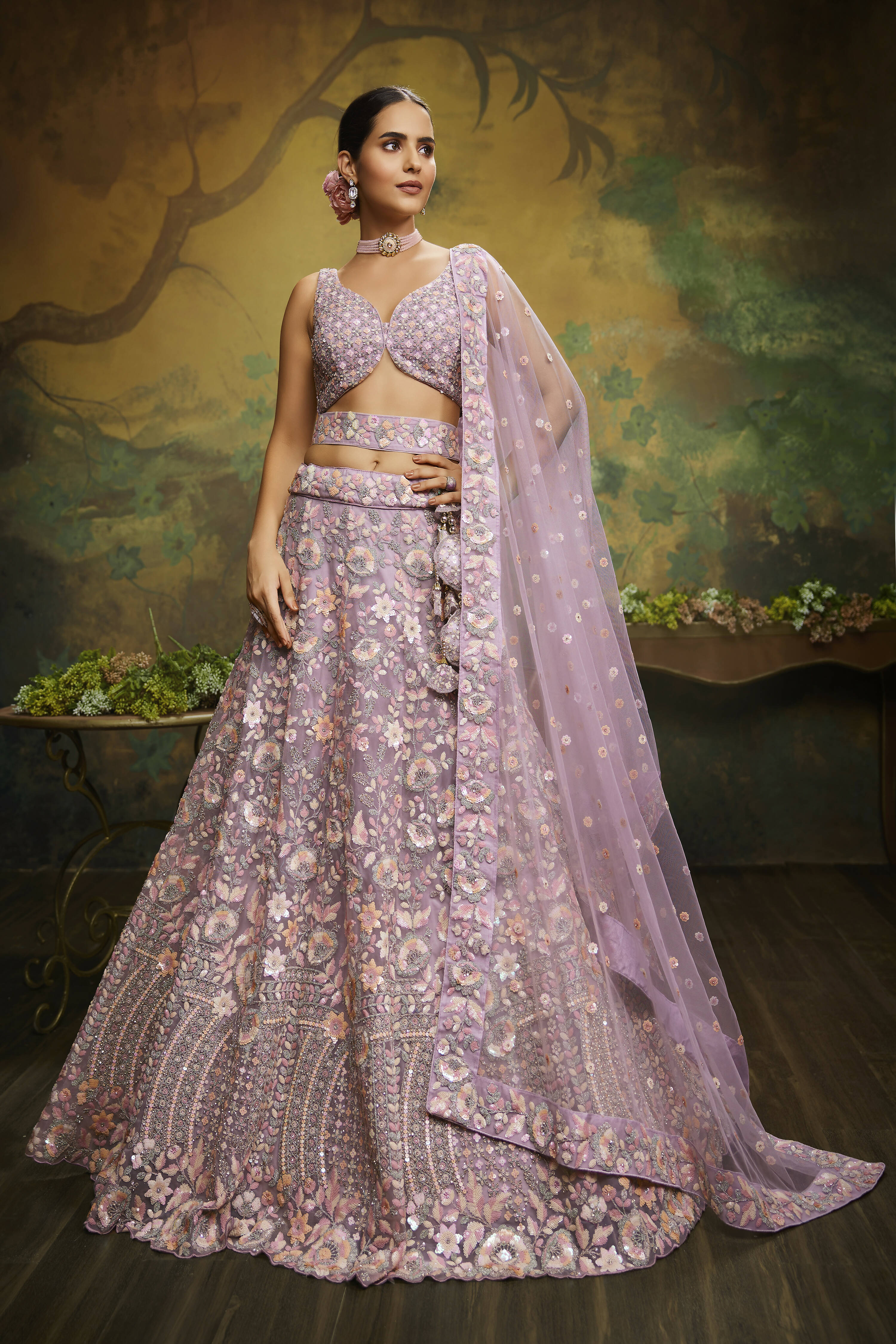 House of Panchhi Mauve Net Multi Sequins with heavy Zarkan embroidery Lehenga choli & Dupatta - Distacart