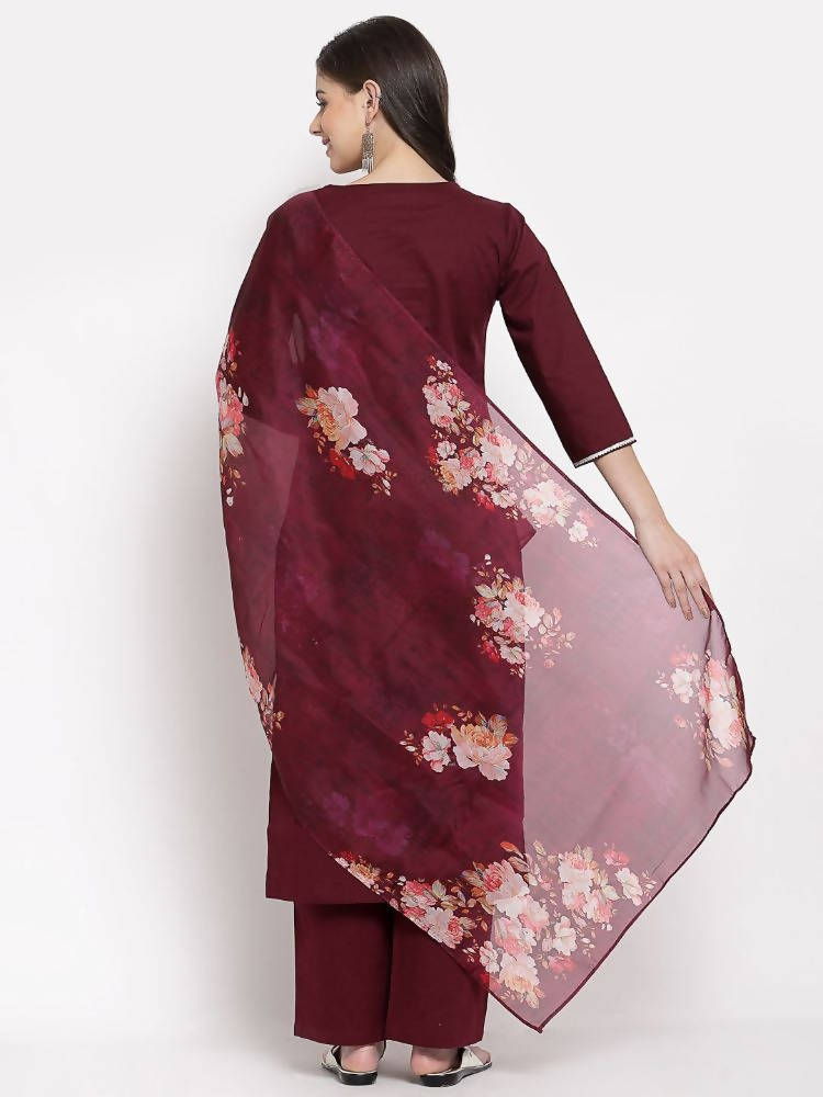 Myshka Women's Burgundy Cotton Solid 3/4 Sleeve Square Neck Casual Kurta Pant Dupatta Set
