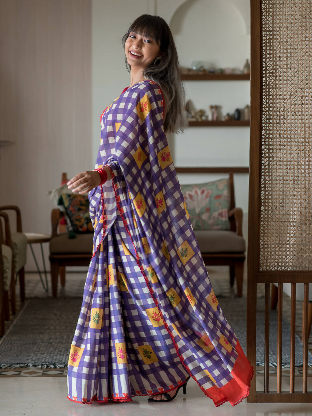 Suta Multi Color Checked Pure Cotton Saree - Distacart
