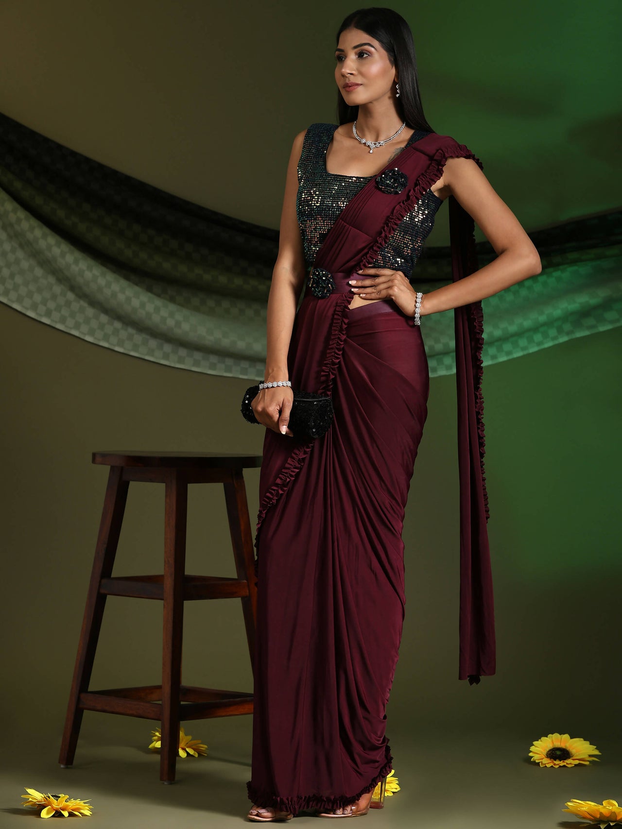 Maroon Imported Fabric Plain Ready to wear Saree with stitched Blouse - Vrinda - Distacart