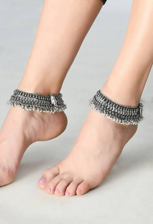 Mominos Fashion Kamal Johar Oxidised Silver Heavy Design Anklets