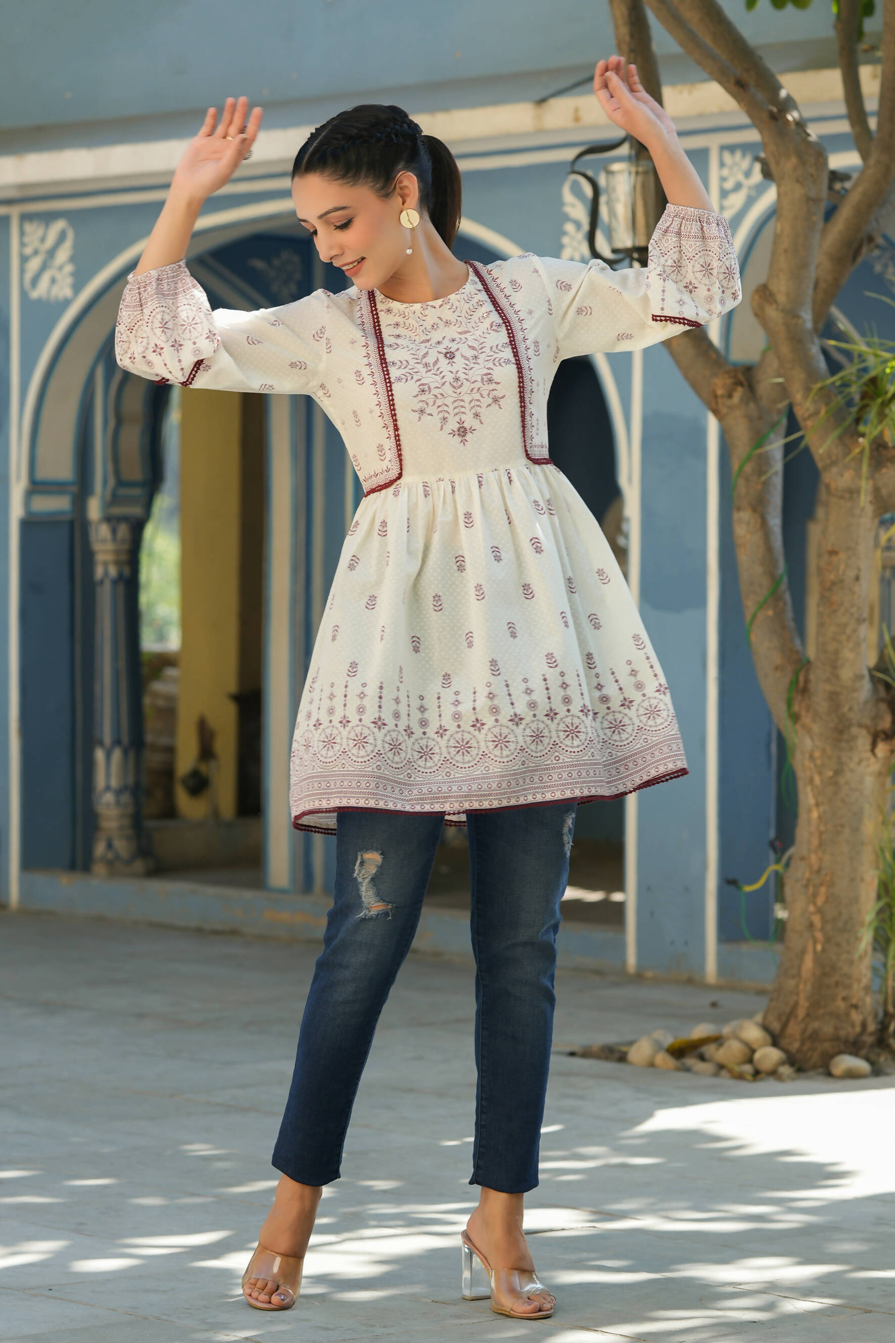 Juniper Women's White & Maroon Cambric Floral Printed Tunic - Distacart