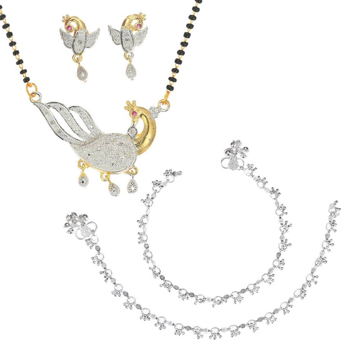 AanyaCentric Gold-plated Mangalsutra Pendant Earring Set & Silver Plated Anklet - Distacart