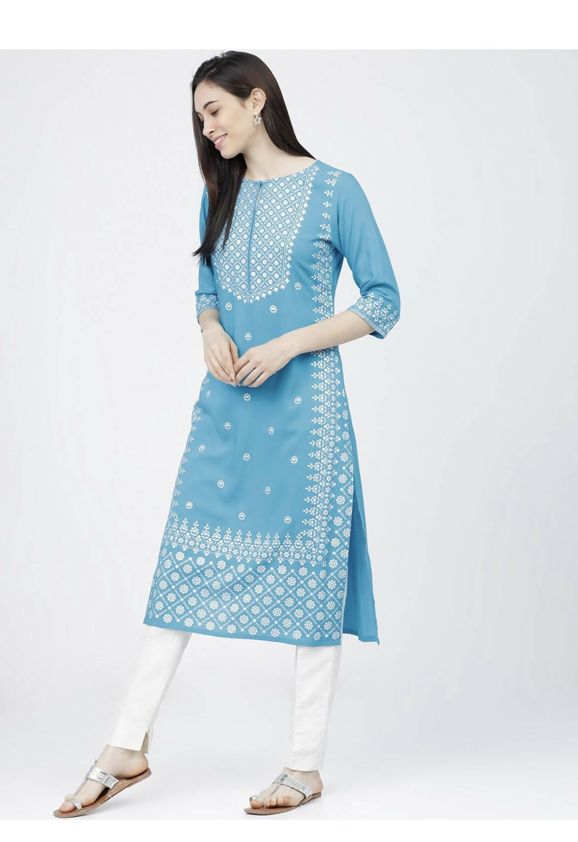 Cheera Embellished Daily Wear Cotton Blend Kurta - Sky Blue - Distacart