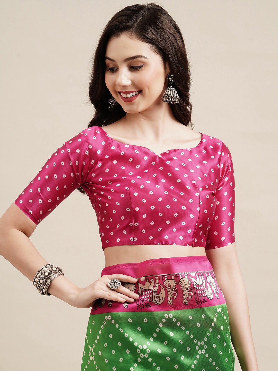 Saree Mall Green & Fuchsia Bandhani Silk Blend Bandhani Sarees - Distacart