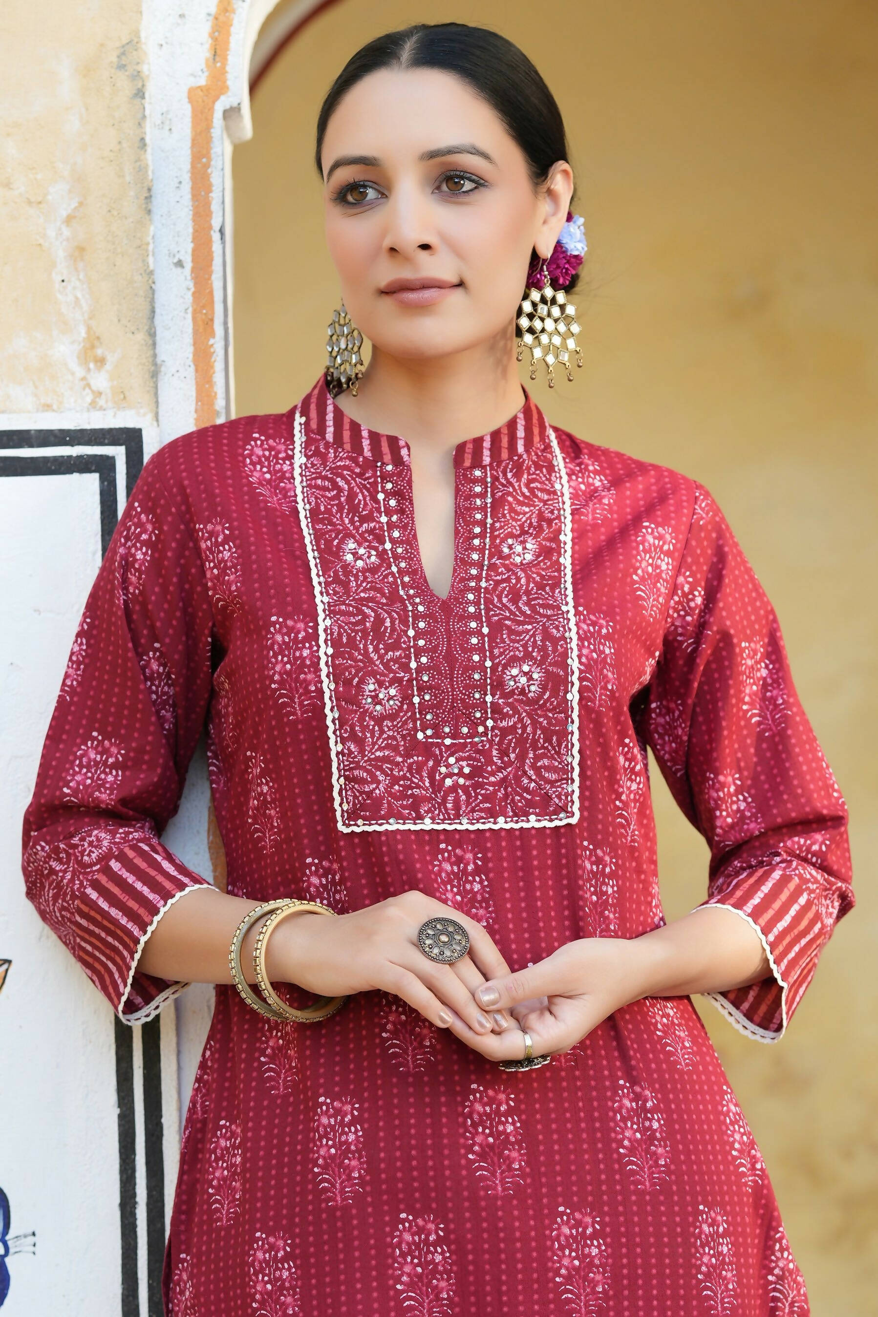 Juniper Women's Marron Cotton Cambric Floral Printed Straight Kurta - Distacart