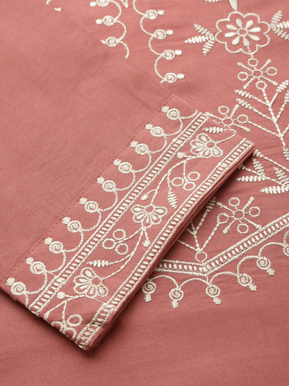 Peach Chinon Slub Floral Embroidered Top - Zeny - Distacart