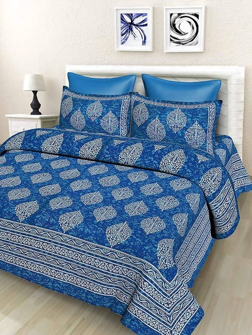 Vamika Printed Cotton Blue Color Latest Design Bedsheet With Pillow Covers (LEOC_2_BLUE) - Distacart