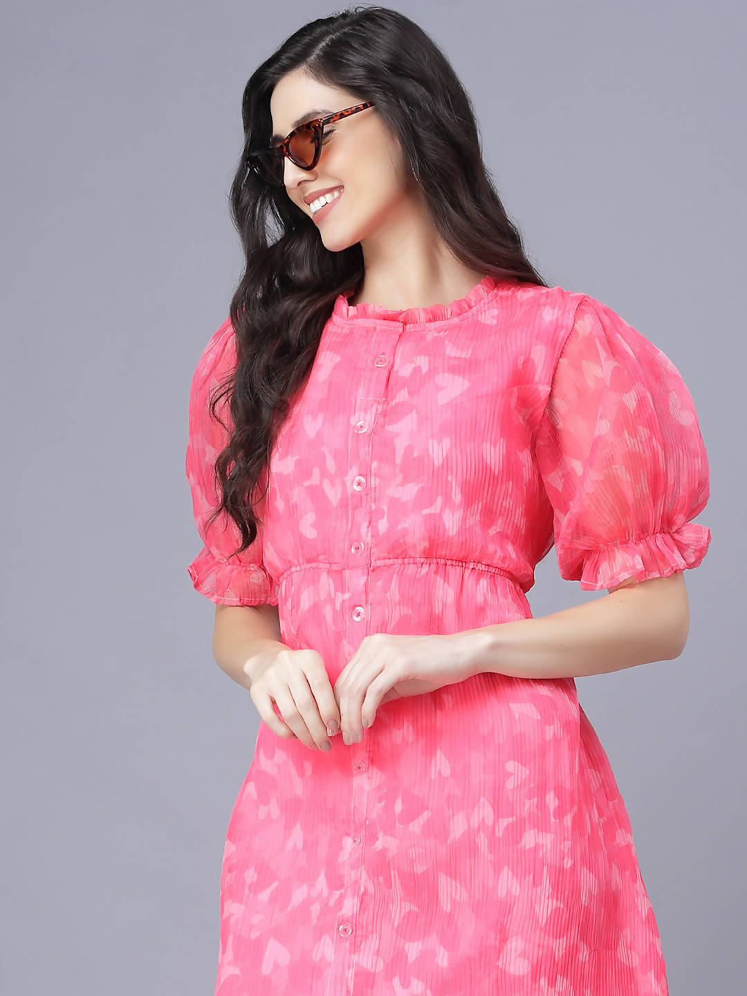 Myshka Women Pink White Floral Organic Cotton Midi Dress - Distacart