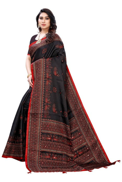 Vamika Black Mirror Work With Jhalar Khadi Silk Sarees