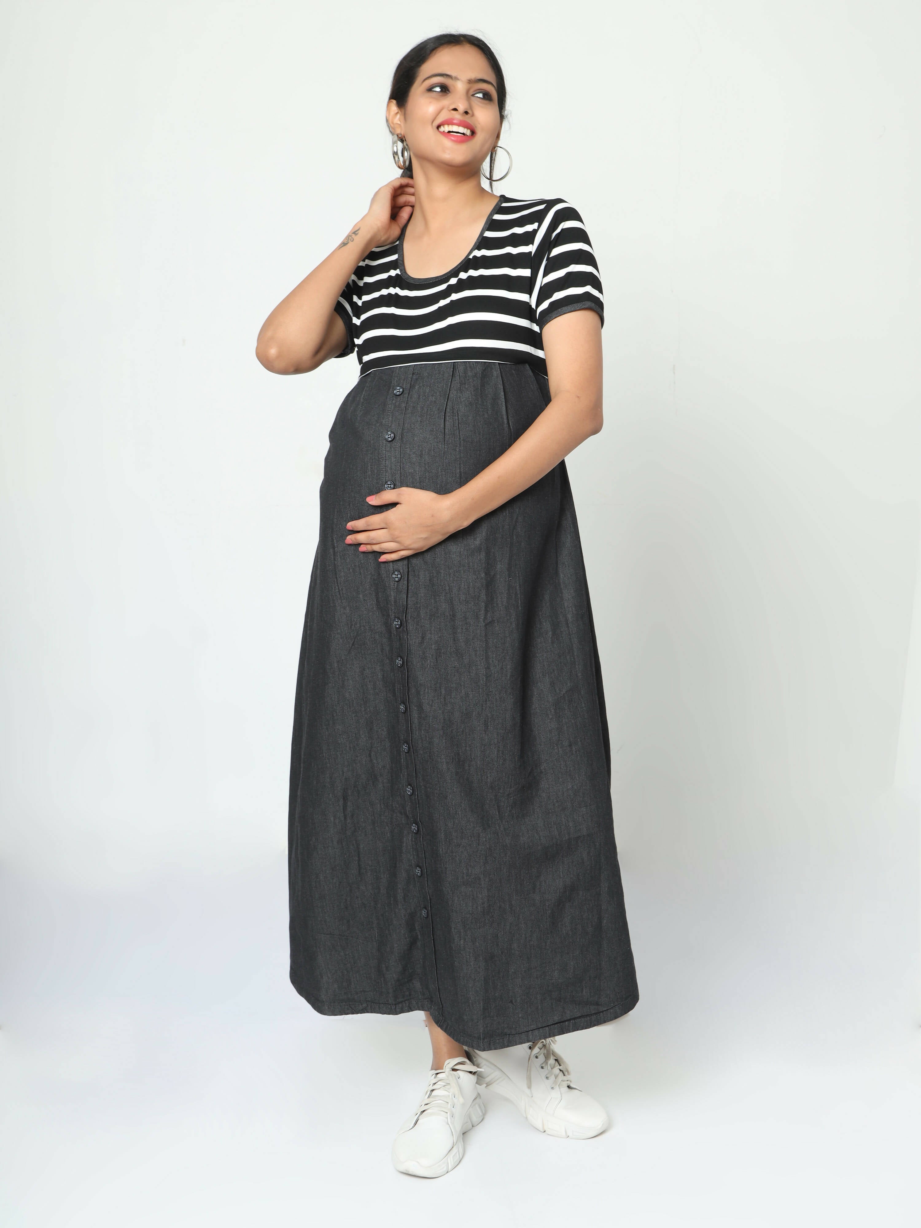 Manet Half Sleeves Maternity Dress White Striped With Concealed Zipper Nursing Access - Black - Distacart