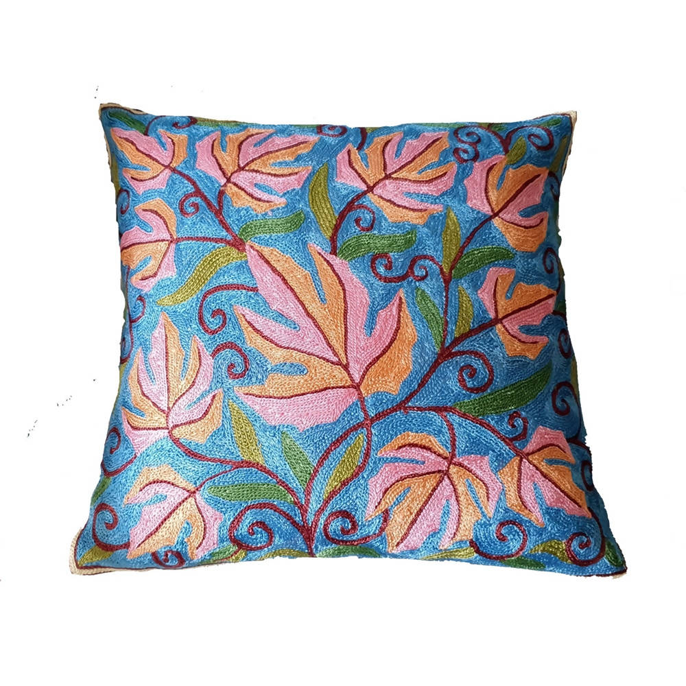 The Decor Nook Hand Embroidered Crewel Cushion Covers in Colar Pink & Chinar Leaf Motif with Blue Base - Distacart