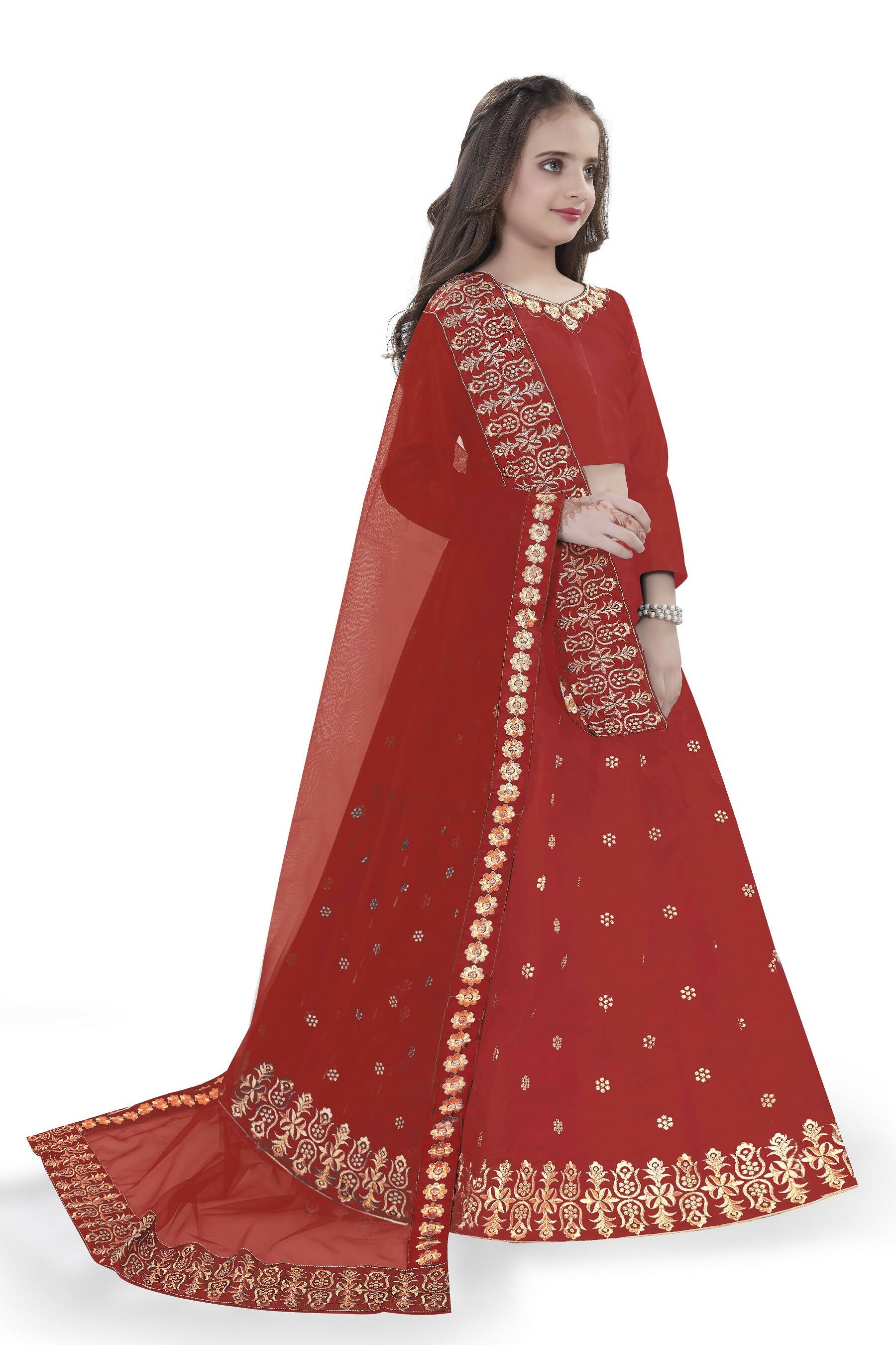Dwiden Red Queen Tafetta Sattin Semi-Stitched Girl's Lehenga Choli - Distacart