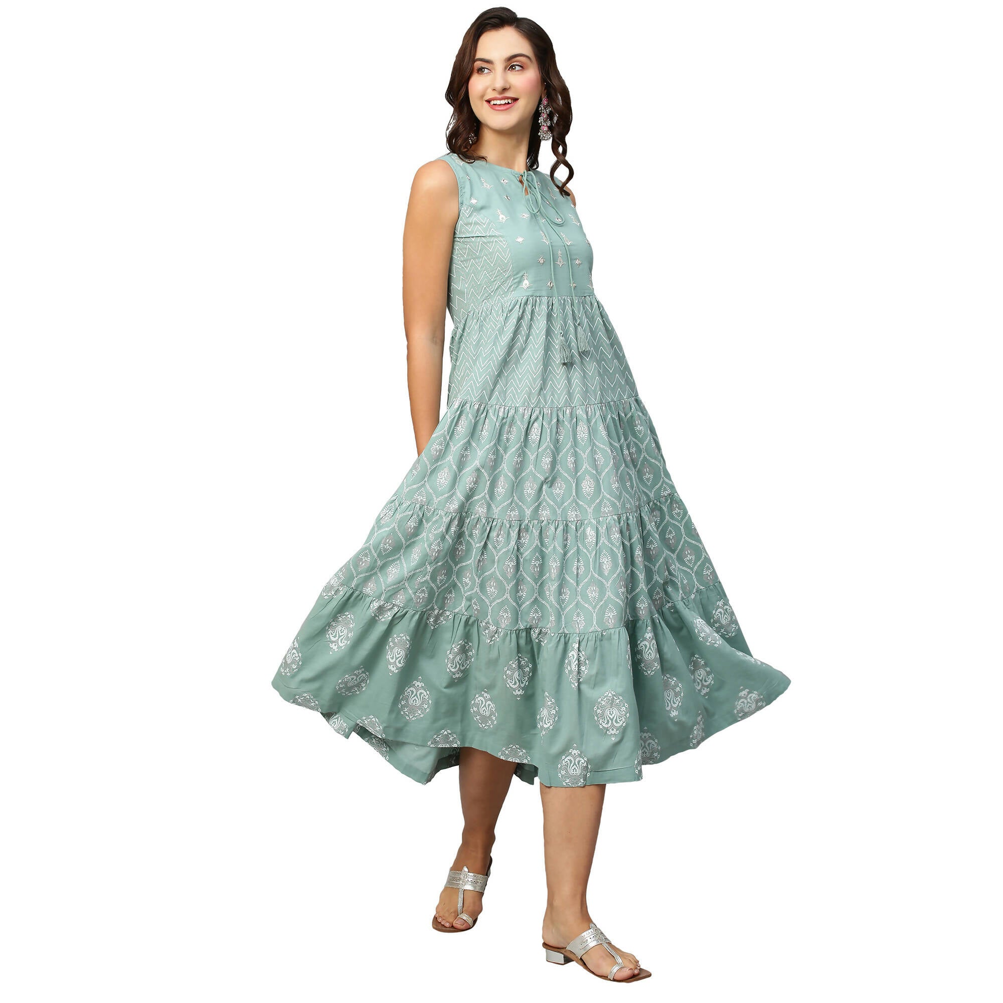 Sea Green & White Ethnic Motifs Embroidered Pure Cotton Maxi A-Line Dress - Poonam - Distacart