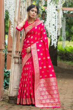 Thumbnail for Vishnu Weaves Women's Pink Banarasi Silk Floral Zari Woven Saree with Unstitched Blouse - Distacart