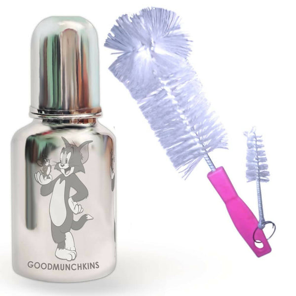 Goodmunchkins Stainless Steel Baby Feeding Bottle 304 Grade for Infants/Toddlers with Bottle Cleaning Pink Brush-300ml - Distacart