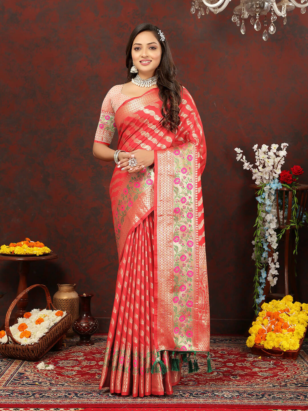Lorenvalley Fashion Red Soft Silk Woven Design with Zari Weaving Leheriya Design Saree - Distacart