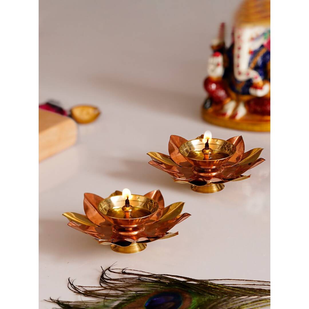 eCraftIndia Brown & Gold-Toned 2 Pcs Floral Shape Metal Diyas - Distacart