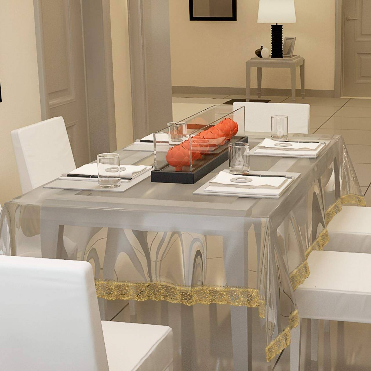 Casa-Nest Thick Pvc Golden Lace Waterproof Rectangular 8 Seater Dining Table Cover - Distacart