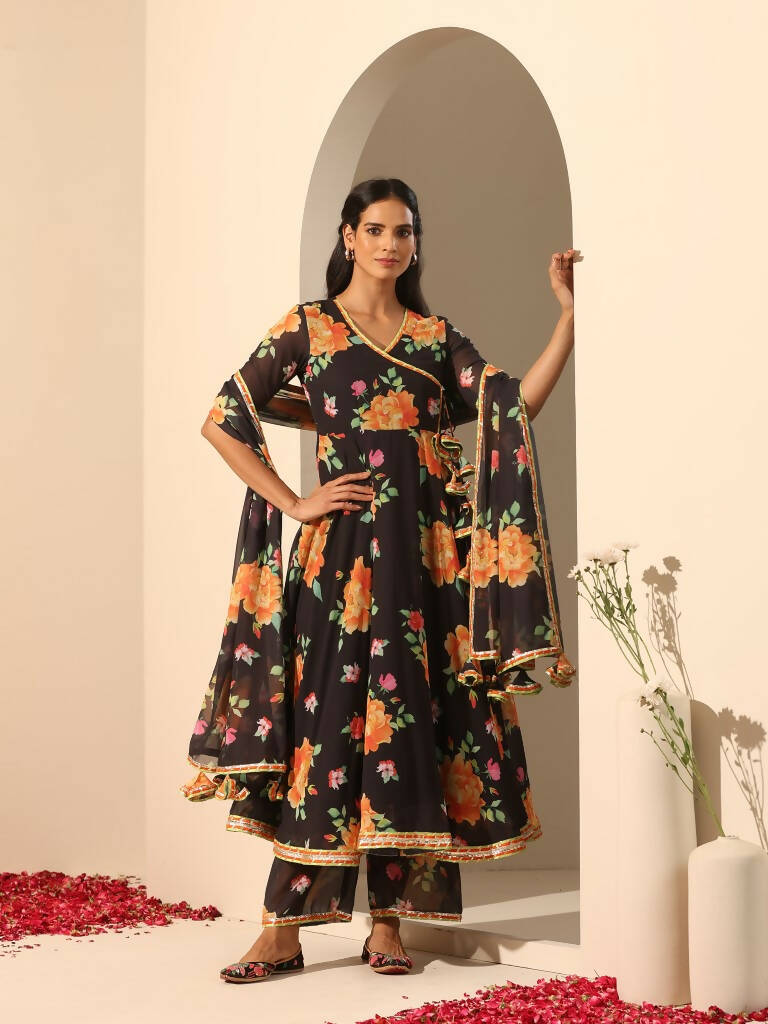 Pomcha Jaipur Black Gul Narangi Angrakha Set - Distacart