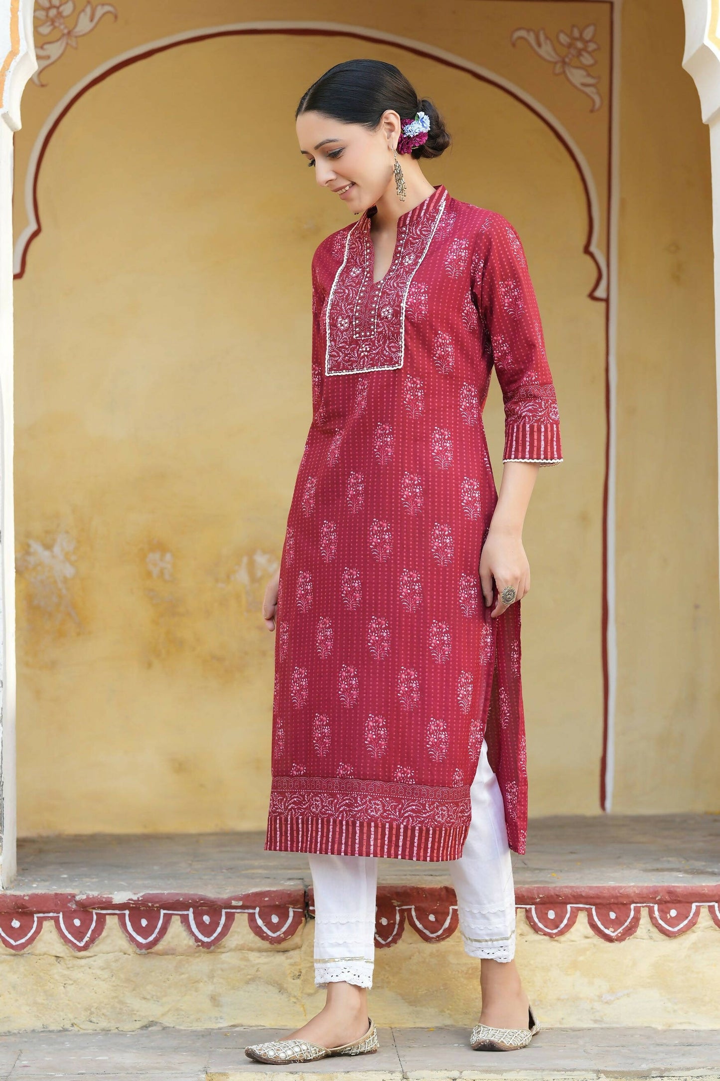 Juniper Women's Marron Cotton Cambric Floral Printed Straight Kurta - Distacart