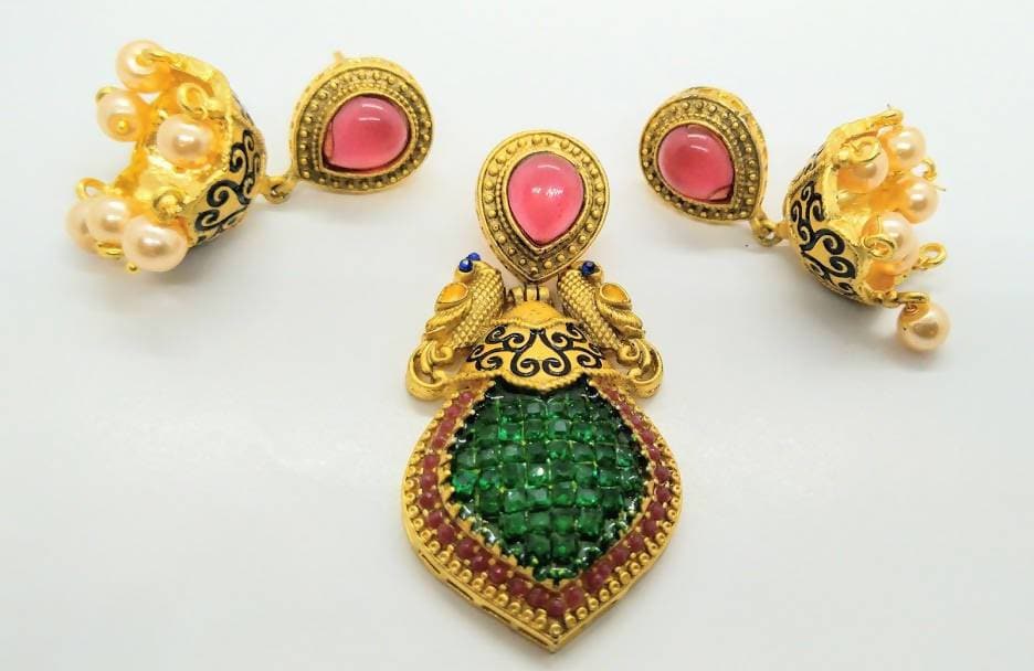 Multicolor Matt Finish Peacock Pendant Set