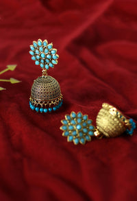 Thumbnail for Mominos Fashion Johar Kamal Beautiful Kundan Work Jhumka With Sky Blue Beads - Distacart