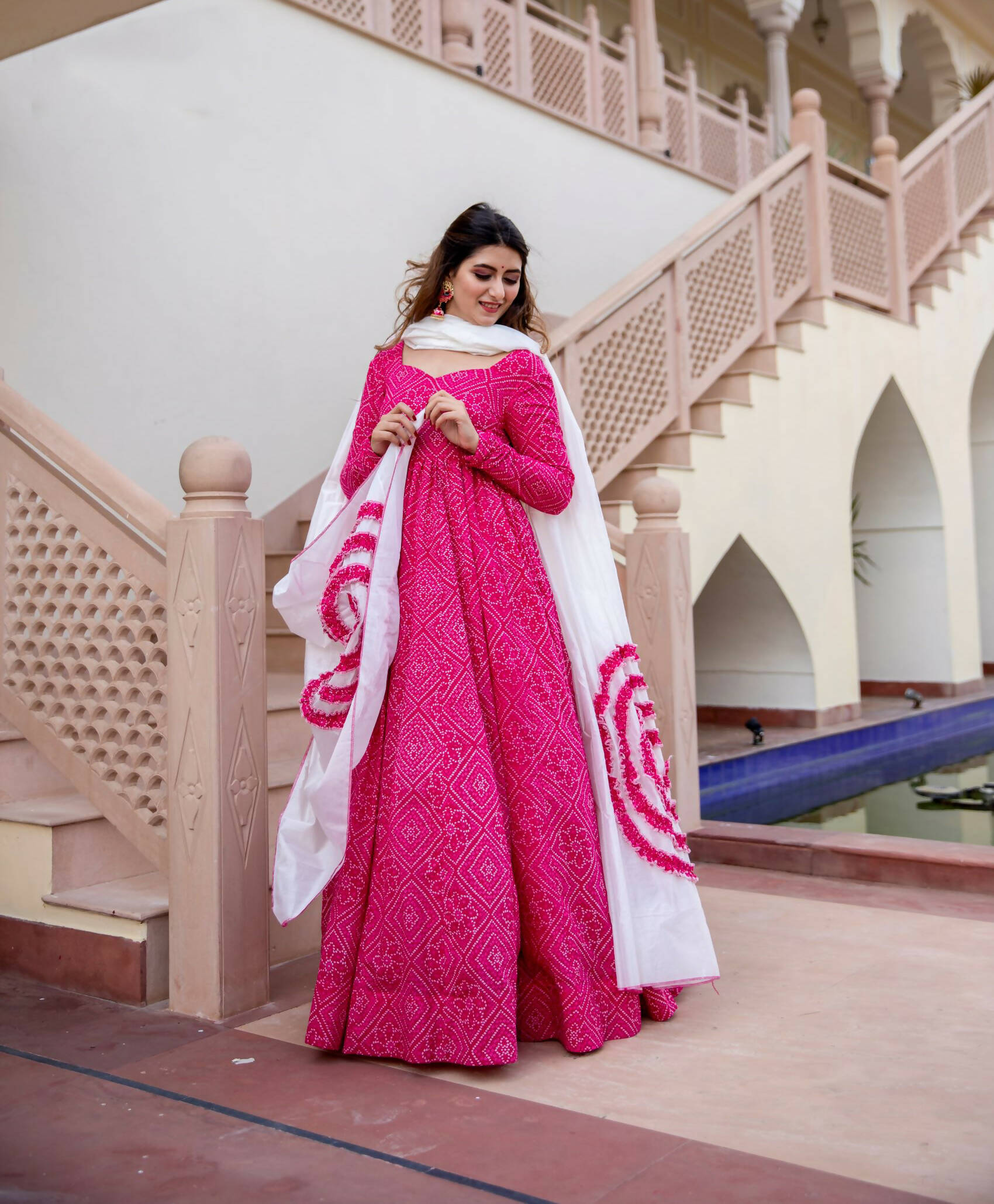 Pink Pure Maslin Bandhej Print Work Stitched Suit With Dupatta - Anbazaar - Distacart