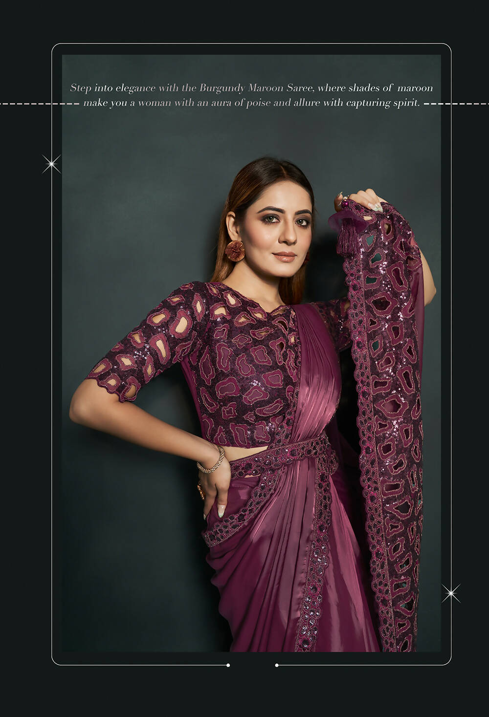 Maroon Silk Crepe Satin Cord Sequence & Thread Embroidered Saree - Moh-Manthan Royal Enigma - Distacart