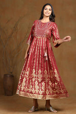 Thumbnail for Juniper Women Maroon Shantoon Printed Anarkali Dress - Distacart