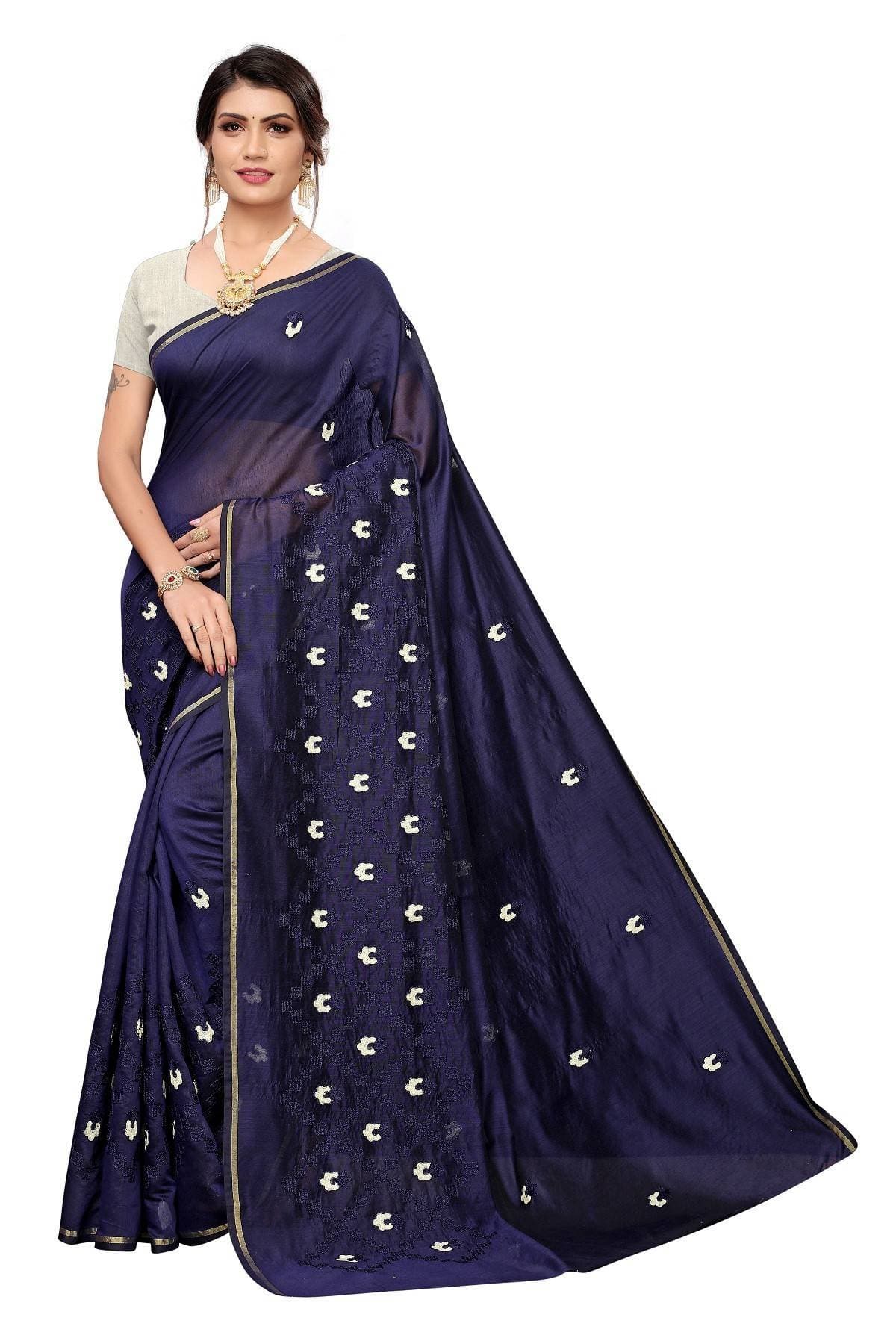 Vamika Navy Chanderi Cotton Chikankari Saree