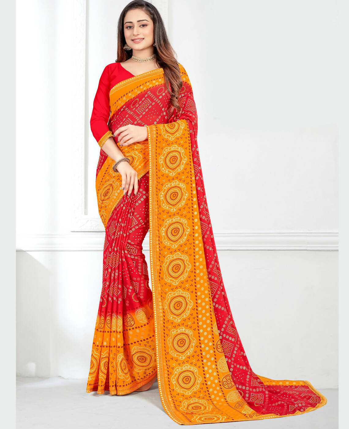 Red & Yellow Georgette Bandhani Printed Saree With Unstitched Blouse Piece - Jyoti - Distacart