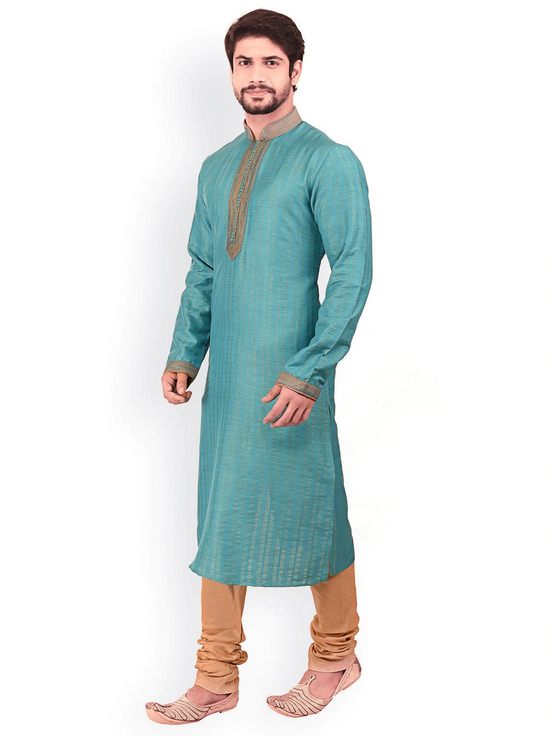 Manyavar Men Sea Green & Brown Self Design Kurta With Churidar - Distacart