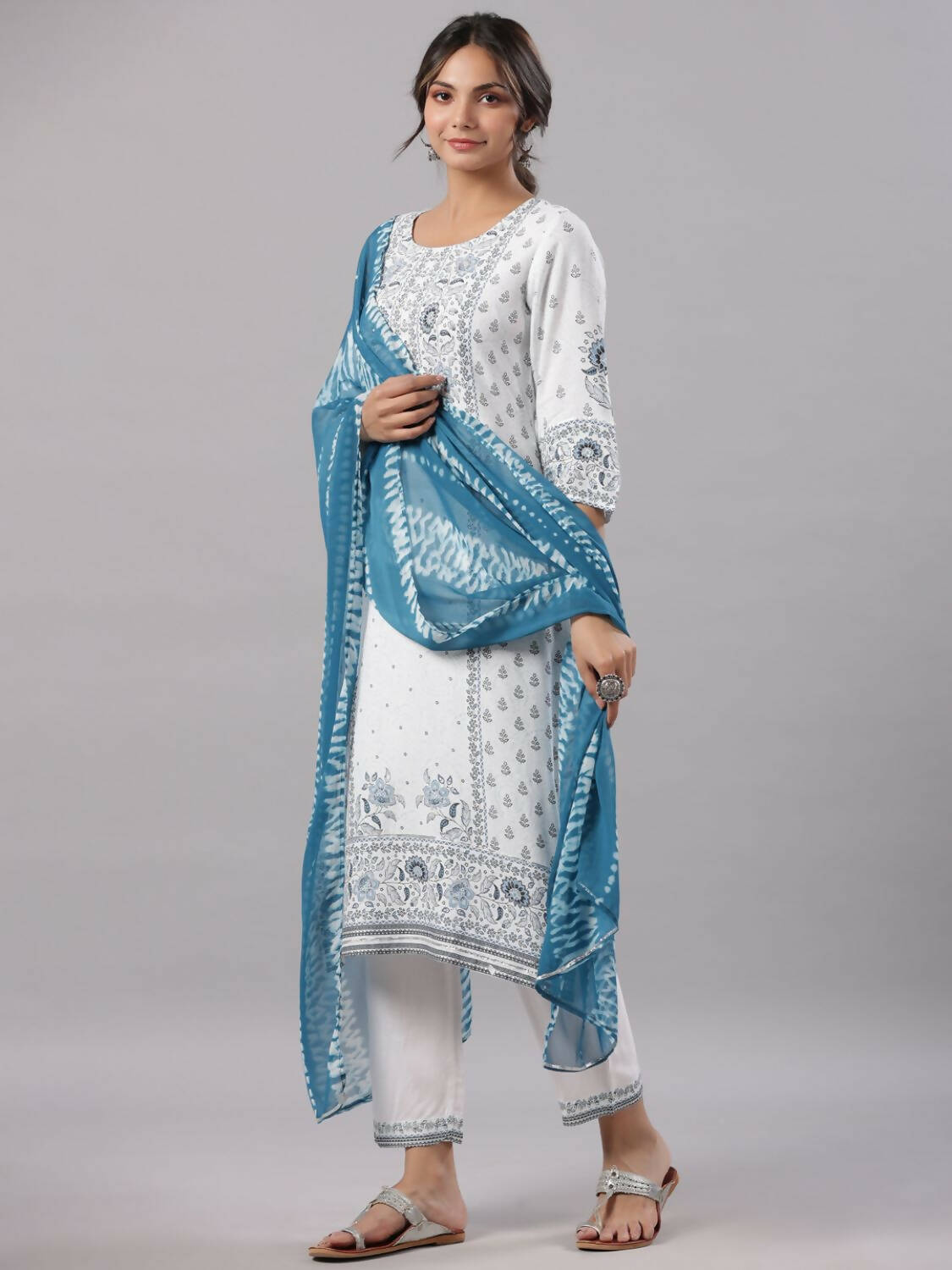 Juniper Women Sky-Blue Rayon Staple Kalamkari Printed Kurta, Pants and Dupatta Set - Distacart