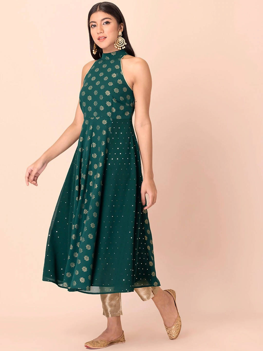 Indya Green Floral Printed Halter Neck Georgette Kurta With Zari Detail - Distacart