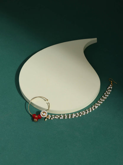 White Red Gold-Plated Kundan-Studded Beaded Nosepin - Ruby Raang - Distacart