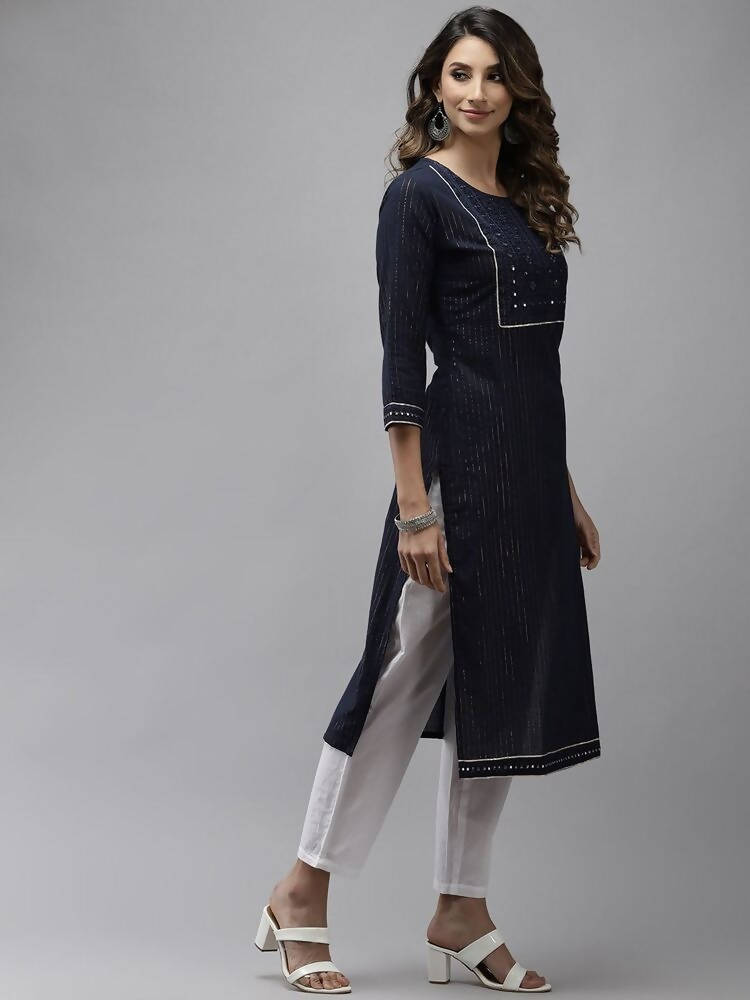 Yufta Women Navy Blue Yoke Design Mirror Work Cotton Kurta