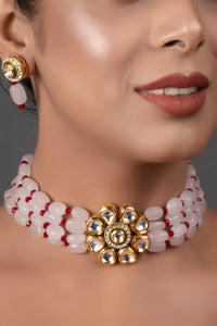 Thumbnail for Peryl Women's Pink Mahroon Beaded Gold Tone Kundan Inspired Choker Necklace With Earrings - Distacart