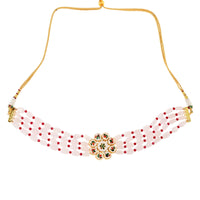 Thumbnail for Peryl Women's Pink Mahroon Beaded Gold Tone Kundan Inspired Choker Necklace With Earrings - Distacart