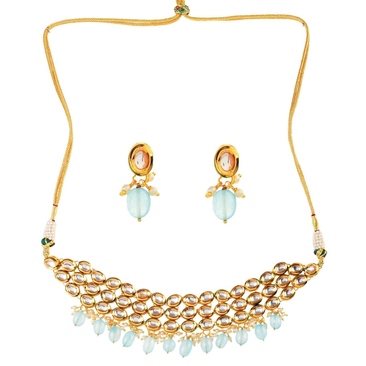 Peryl Women's Blue Gold Tone Kundan Beaded Choker Necklace With Earrings - Distacart