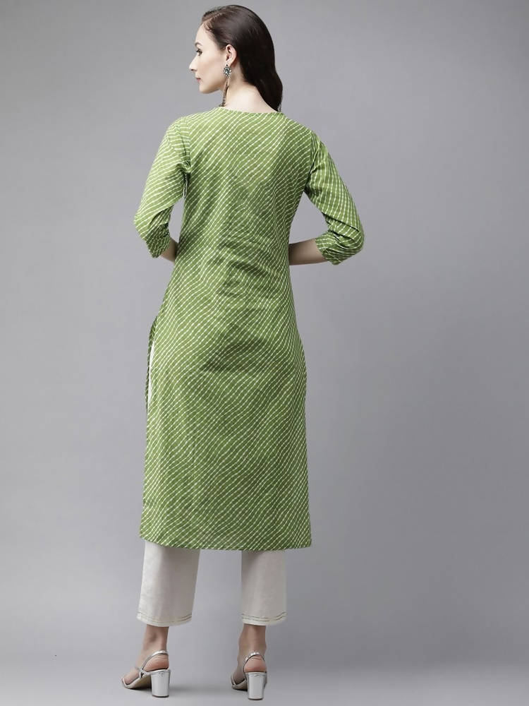 Yufta Women Green And White Bandhani print Kurta with Trouser Set