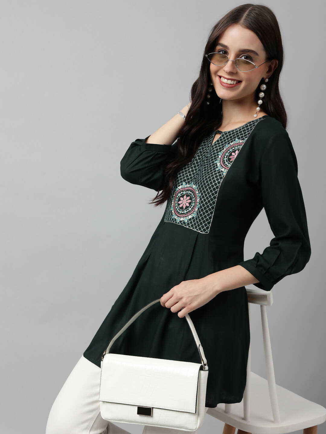 Green Rayon Yoke Embroidered A-line Top - Tarini - Distacart