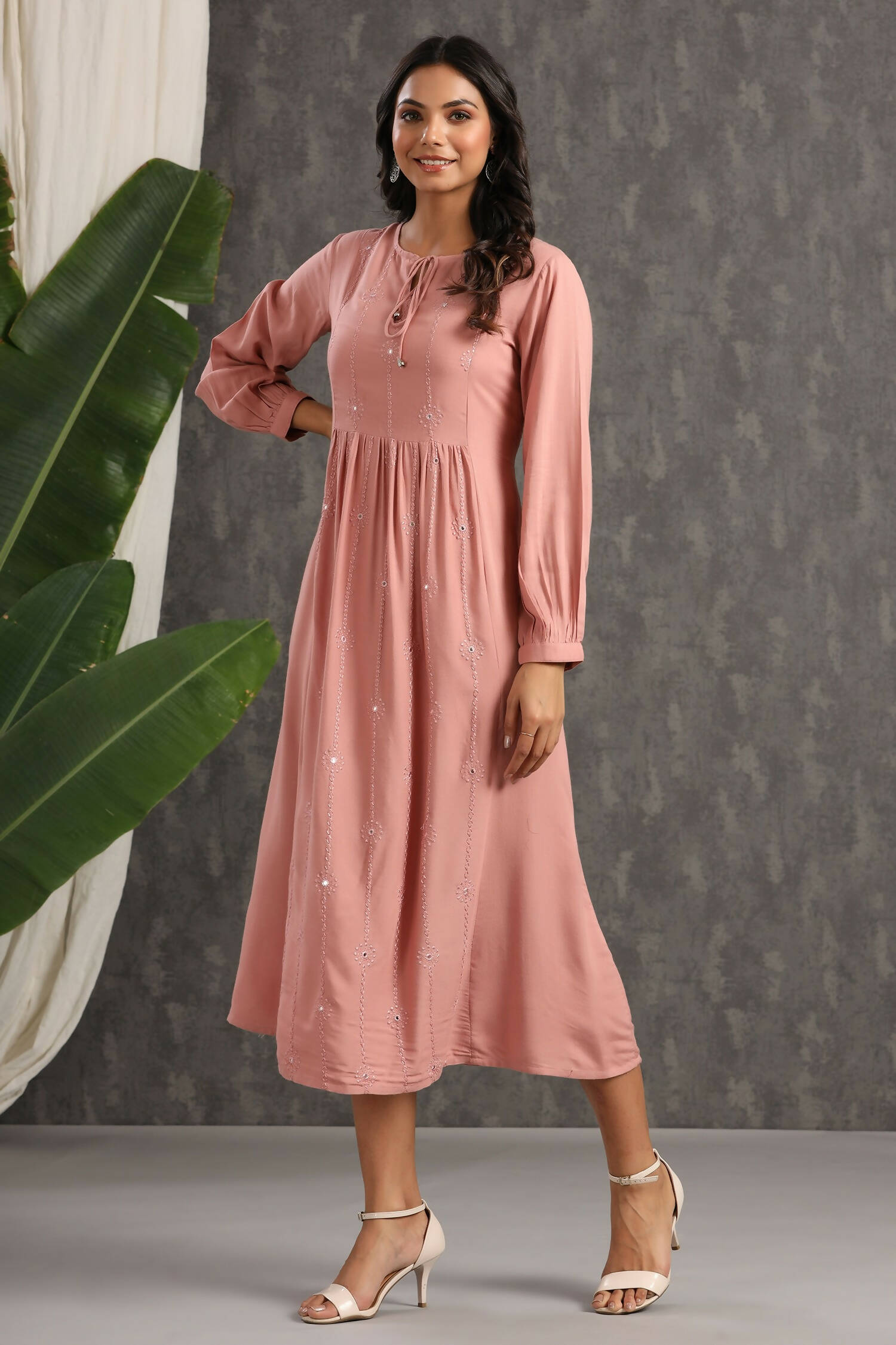 Juniper Womens Onion Pink Rayon Solid Maxi Dress With Mirror Embroidery And Full Sleeve - Distacart