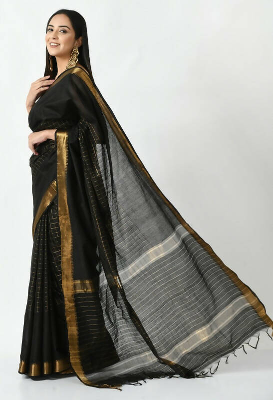 Mominos Fashion Moeza Black Bhagalpuri Handloom Silk Raj Shree Saree with unstitched Blouse piece - Distacart