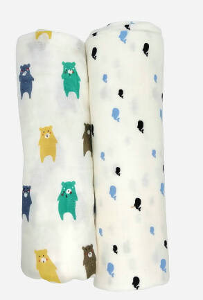 Kindermum Organic Cotton Muslin Swaddle Blanket 110 Cm X 110 Cm - Set Of 2 - Bear And Whale - Distacart