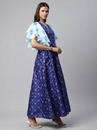 Thumbnail for Ahalyaa Women Royal Blue Poly Silk Gold Paste Printed Dress - Distacart