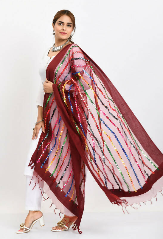 Mominos Fashion Moeza Women's Orgenza Multi Thread Mirror Work Maroon Dupatta - Distacart